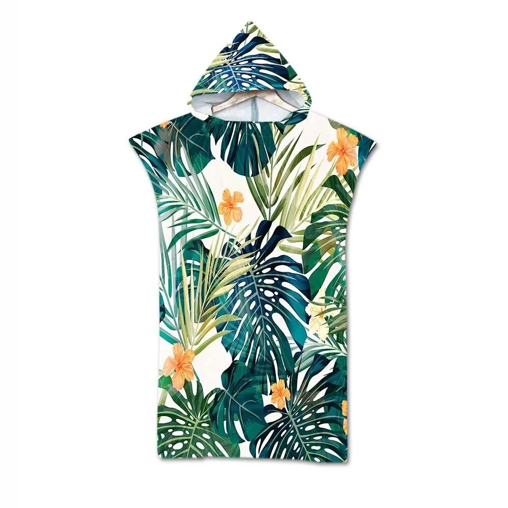 Microfiber Hooded Beach Towel For Adults Fashion Swimming Pool Bath Towel With Cloak Tropic Plant Flamingo Printed Bathrobe
