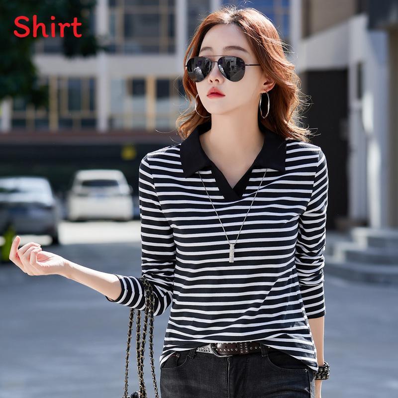 T-shirt femme manches longues col polo décontracté en coton brodé, collection printemps 2023