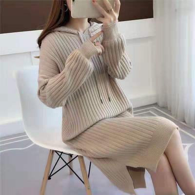 Spring and Autumn Knitted Sweater Loose Casual Hooded Top Mid-length Thick Women's Dress