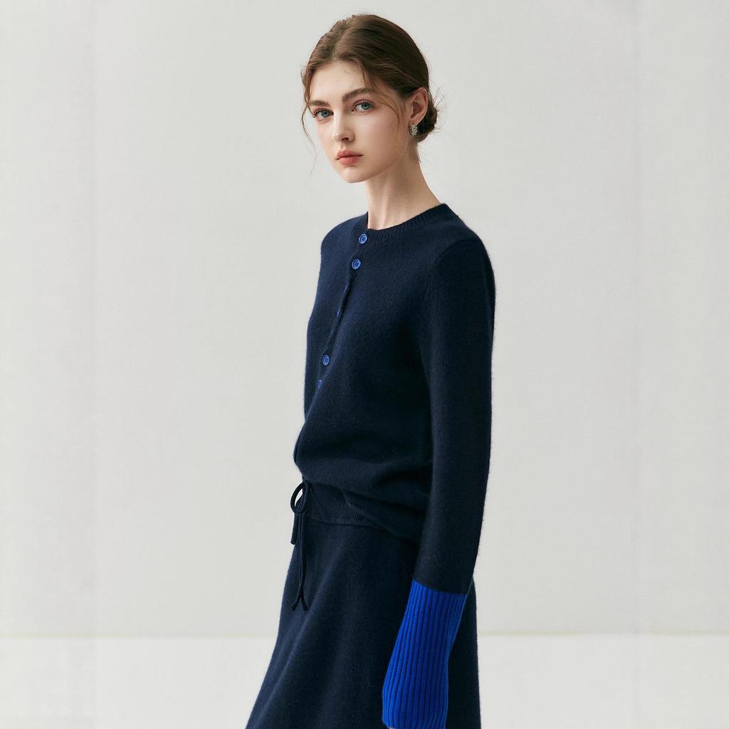 Women's Color Block Cashmere Cardigan - Soft Knit Round Neck Slim Fit Wool Sweater for Autumn/Winter