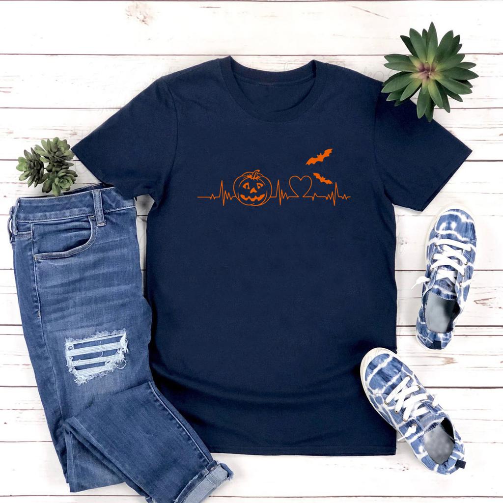 Halloween Pumpkin Heartbeat T-Shirt Funny Fall Gift Tee Spooky Season Graphic Shirt Autumn Pumpkin Lover Top Thanksgiving Tee