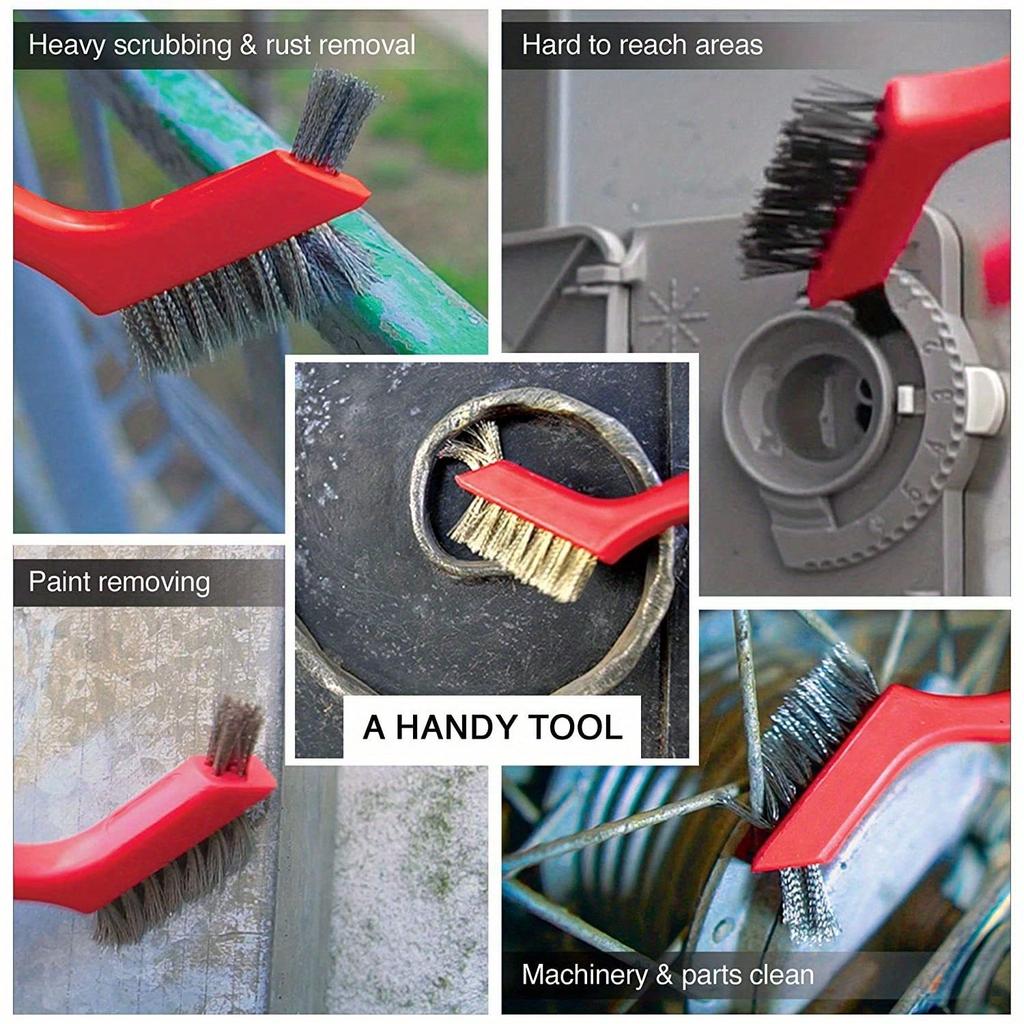3pcs/set Wire Brush with Curved Handle - Deep Cleaning for Rust, Dirt & Paint Removal, Red, Deep Cleaning Brush|Curved Handle Brush|Metallic Bristles