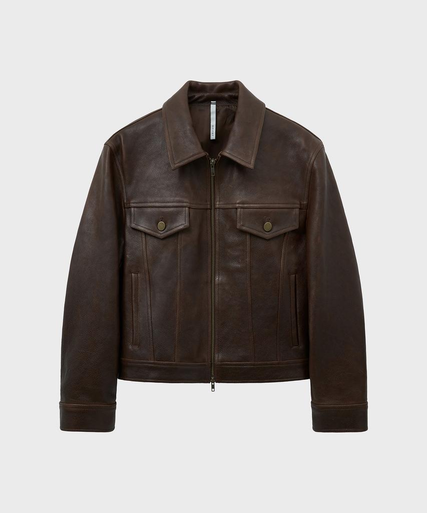Noirer Antique Cow Leather Trucker Jacket (Brown)