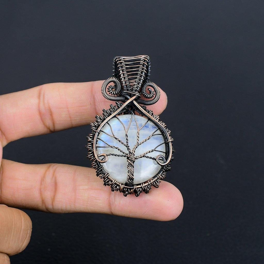 Rainbow Moonstone Pendant Gemstone Jewelry, 999 Copper Wire Wrapped Pendant, Handmade Beautiful Jewelry Pendant
