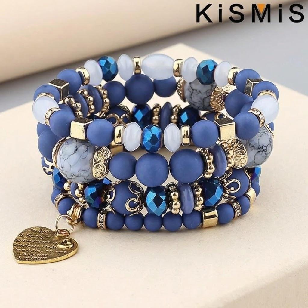 

Women Boho Style Crystal Bead Heart Letter Elastic Yoga Bracelet Set 4Pcs Fashion Jewelry Gift синий