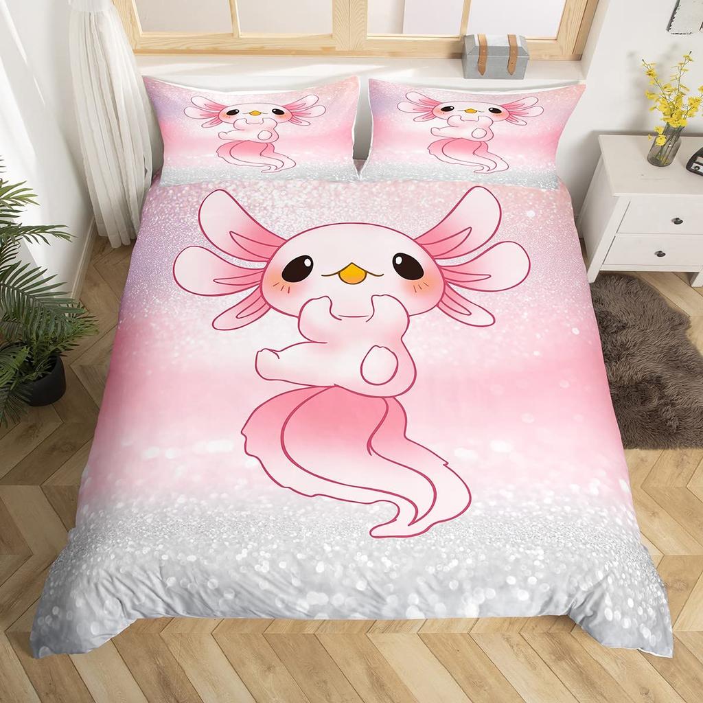 Cartoon Axolotl Bettbezug Queen Size, Sonnenblumen Bettwäscheset Niedliches Tier Botanisch Bettdeckenbezug Aquarell Gelb Steppdeckenbezug