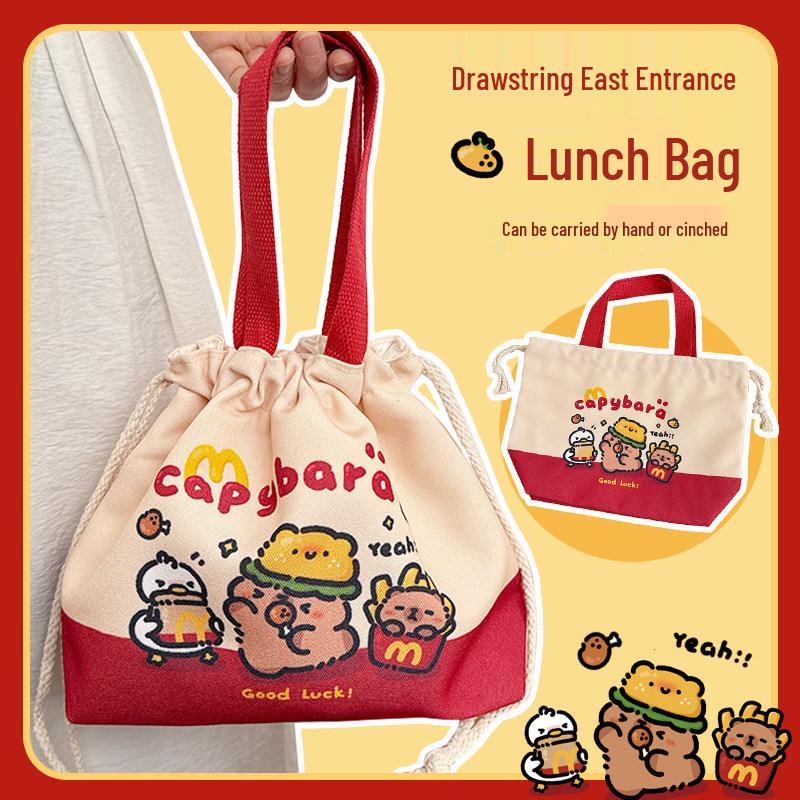 Capybara Canvas Bento Bag: Women's Handheld Lunch Carrier with Drawstring