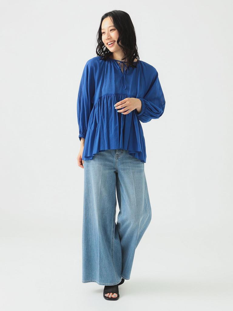 B:MING LIFE STORE by BEAMS Women's 2-Way Gathered Blouse (Sizes S-M) in Blue, Size S