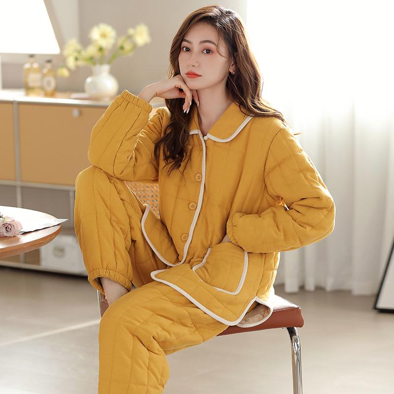 Pajamas Women'S Winter Three-Layer Thickened Fleece Coral Fleece Padded Cotton Women'S Flannel Winter Padded Jacket Loungewear Set