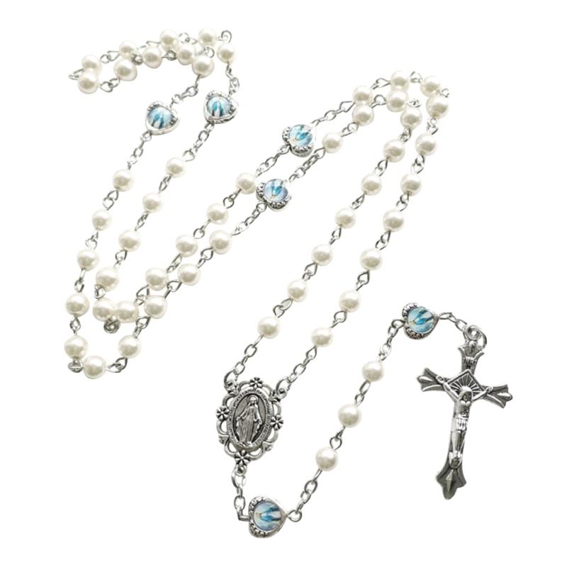 Pink Pearl-Rosary Beads Catholic Necklace Holy Medal-Cross-Christian Long Chain Necklace for Women and Men Jewelry
