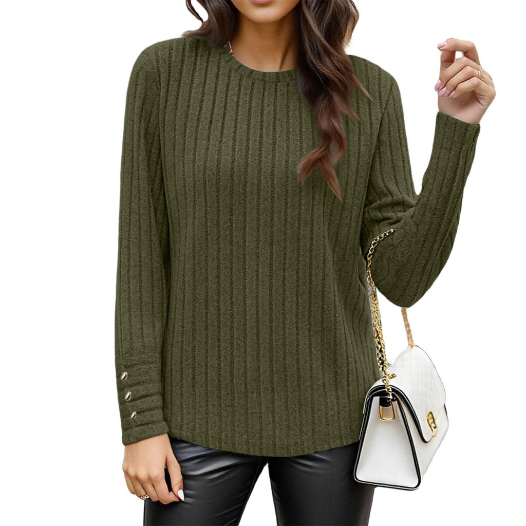 Women's Round Neck Plus Size Solid Color Casual Fashion Long Sleeve Button Top