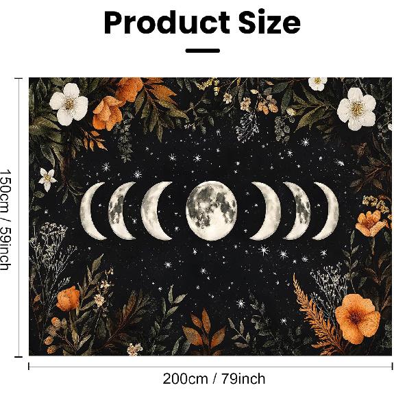 BVBOX Moon Garden Tapestry 59"x51", Black Celestial Floral Bohemian Moon Butterfly Tapestries, Dark Botanical Tapestry Wall Hanging Room Decor For
