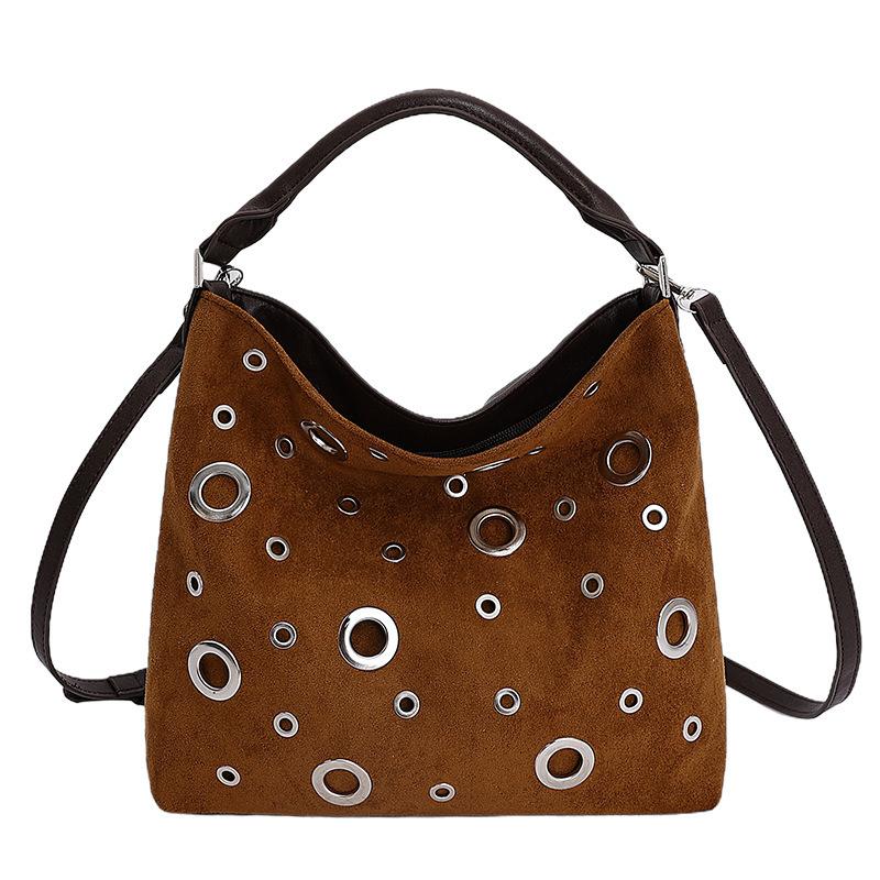 Trendy Vintage Punk Simple Crossbody Bag with Metal Studs  Modern Stylish Handle Bag for Women Versatile Texture Bucket Bag