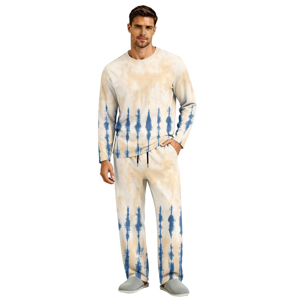 Men's Long Sleeve Pajama Set with Button Fly and Elastic Drawstring Waist for Home Sleepwear