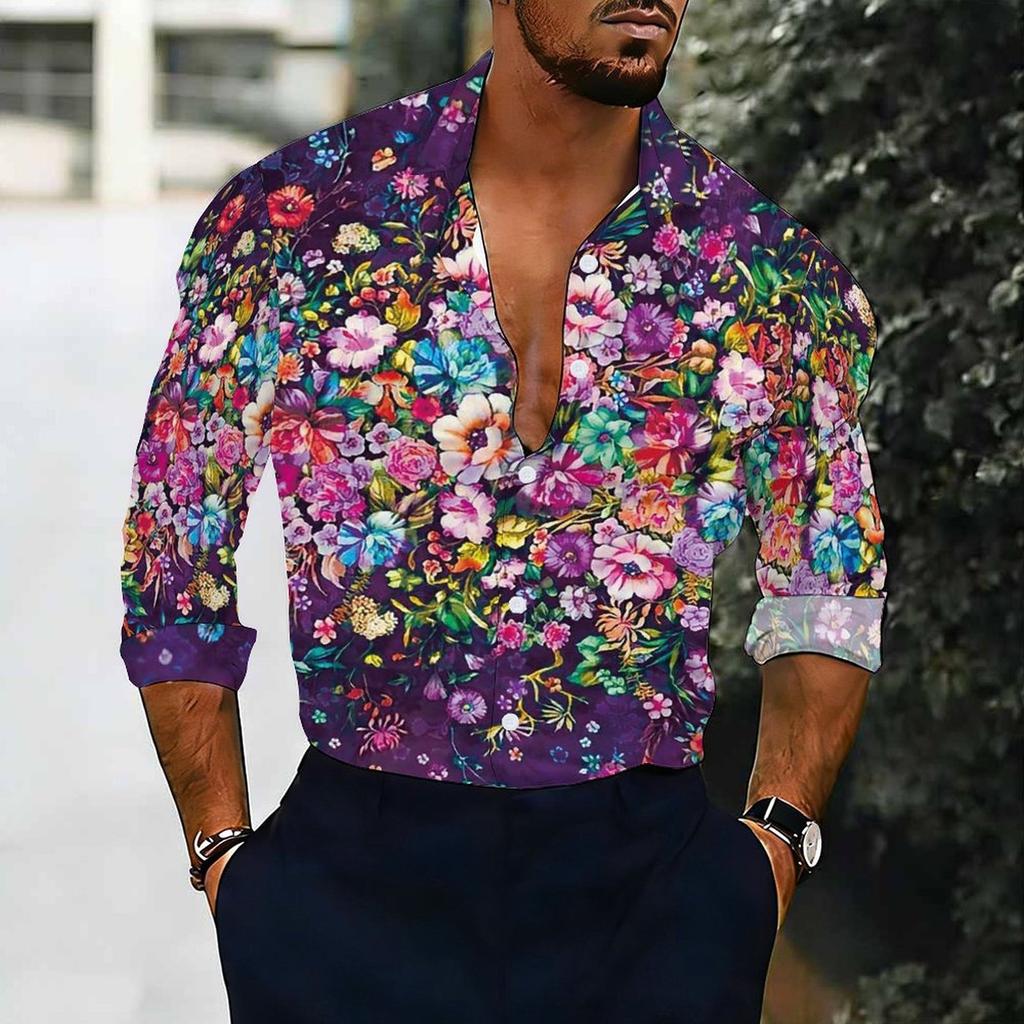 Chemise pour homme à col Base violette Imprimé floral mélangé coloré Manches longues Boutonnée Haut