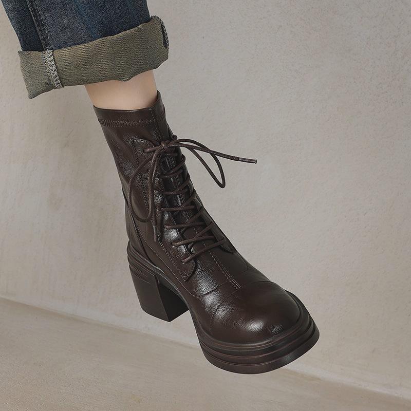 

Great to wear! Treasure of the town store~ 2025 autumn and winter high-heeled elastic British Martin boots women s lace-up thick-heeled short boots 40