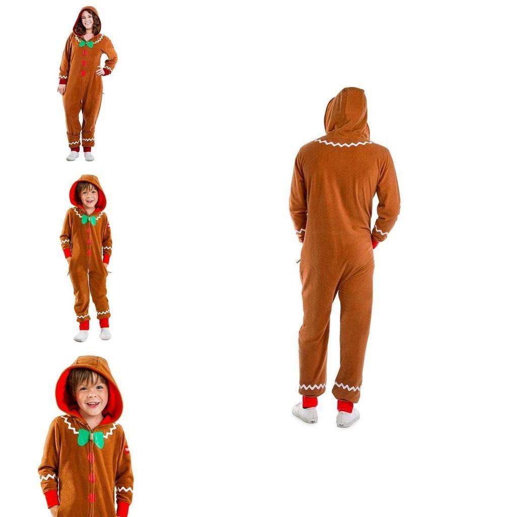 Gingerbread Man Cosplay Costume Xmas Party Clothes Adult Kids Hooded Jumpsuits