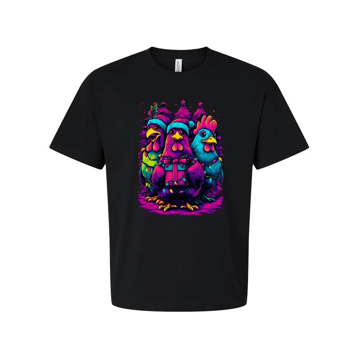 

Unisex Christmas T Shirt With Neon Colorful Chickens Gift Box And Christmas Tree 4XL