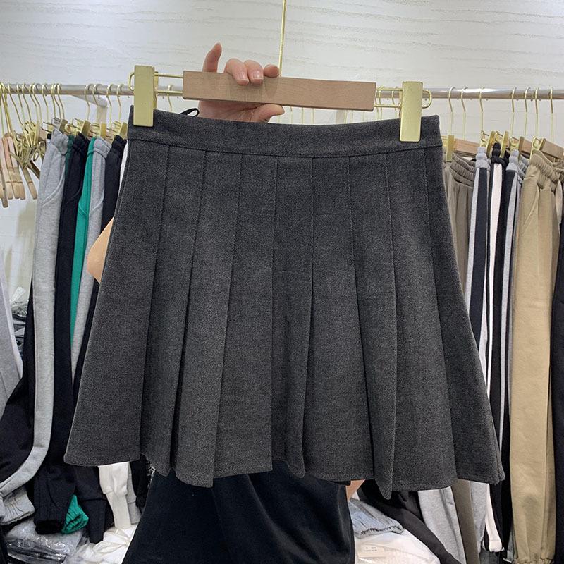 Plus Size Grey Wool-Blend A-Line Pleated Skirt – High Waist, Slimming, Short for Petite Chubby Women, Spring/Autumn
