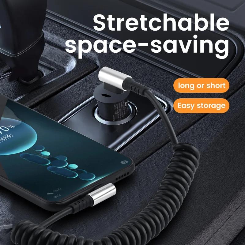 90 Elbow Spring Retractable 0.35-1.6M 6A Fast Charging USB C Cable USB-C to USB-C PD 3.0 for iPhone 15 Pro/Android/Samsung