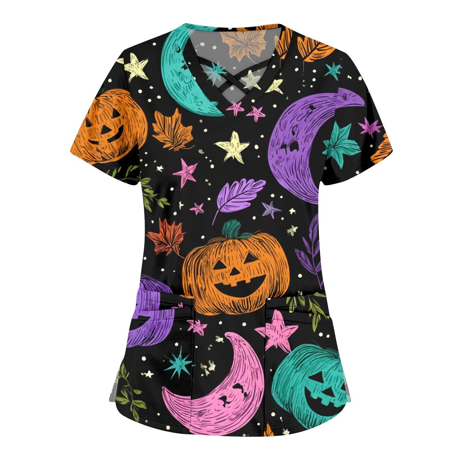 

Женская мода Комбинезоны с перекрестным V-образным вырезом и короткими рукавами Двойные карманы Топы с принтом на Хэллоуин Униформа XL фиолетовый