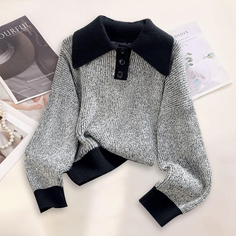 

Si Bai She Women s Loose Fit Color Block Lapel Sweater XL