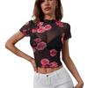 2025 Summer New Mesh Flower Print Wood Earrings New Short-sleeved T-shirt Slim Top for Women