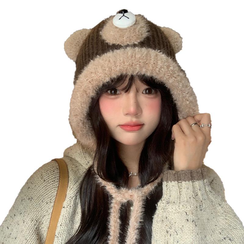 Cute bear plush hat female winter face small bucket hat warm ear protector tether basin hat knitted wool hat