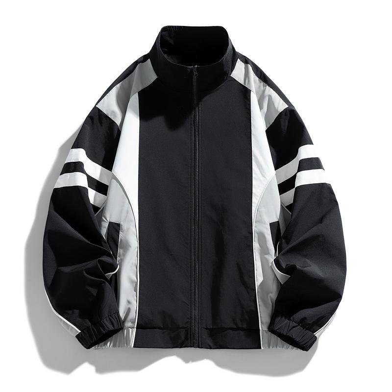 American Vintage Color Block Stand Collar Jacket For Men Women Casual Loose