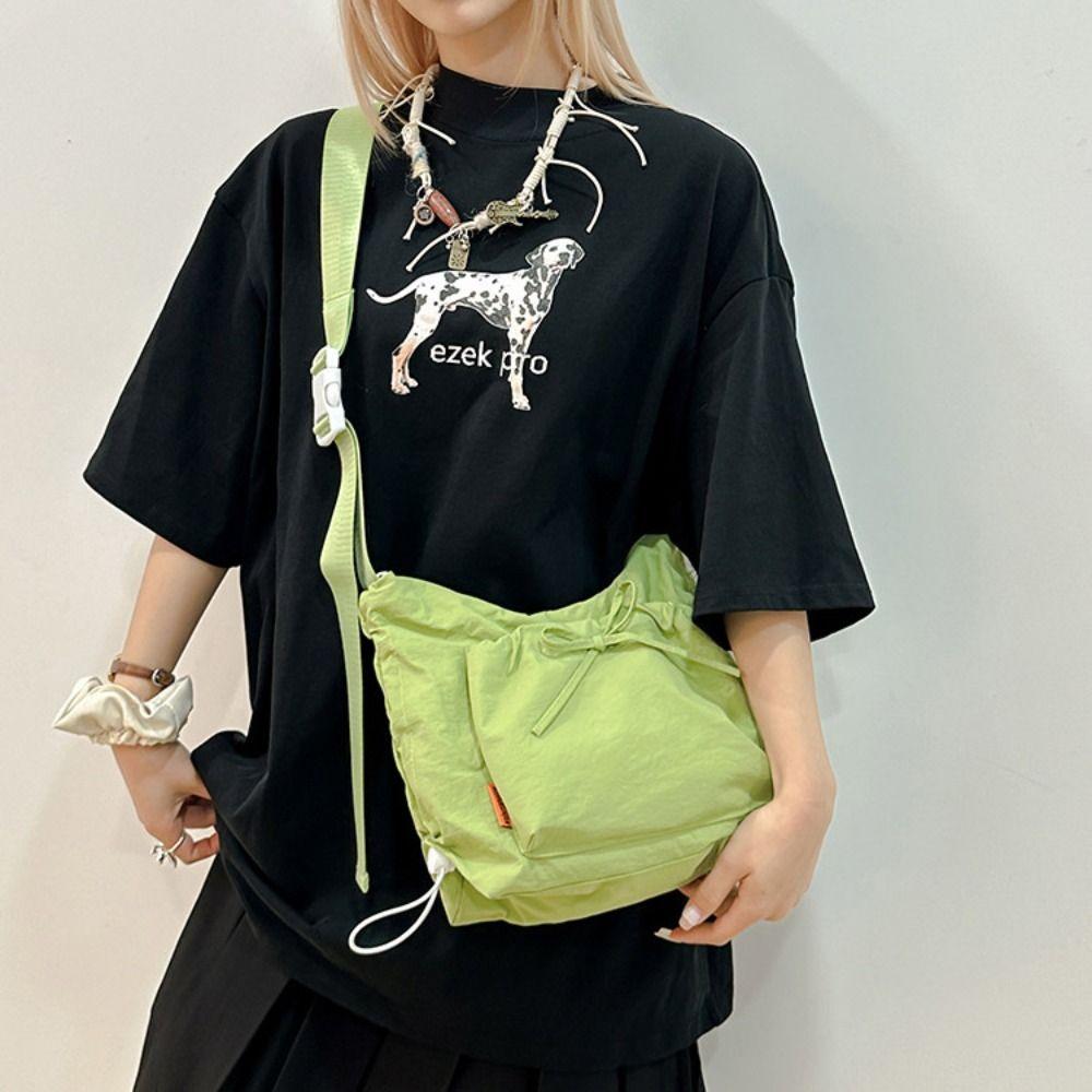 

Pleated Bow Crossbody Bag Oxford Cloth Drawstring Bag Cute Nylon Shoulder Bag Office Worker рожевий