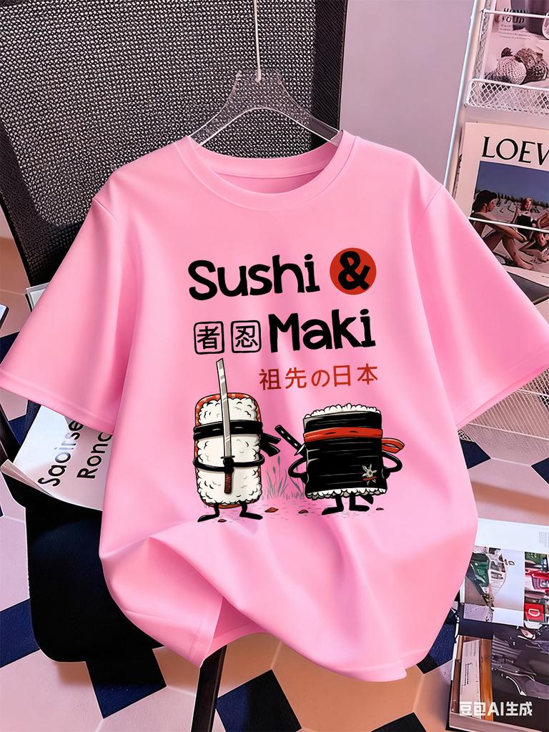Japanese Sushi Maki Printing TShirts Womens Cotton Summer Short Sleeve Tops Soft Loose ONeck T Shirt Casual Womans Clothes