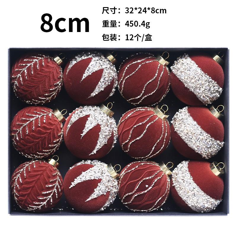 Flocked Christmas Balls Set 12pcs 8cm Hand Painted Ornaments Holiday Decor