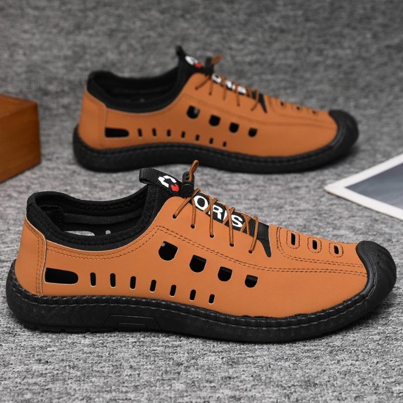 Hollow Leather Shoes Summer Men's Sandals Soft Leather Breathable Hollow Hole Shoes Beef Tendon Soft Sole Sandals Casual Beach Men's Shoes