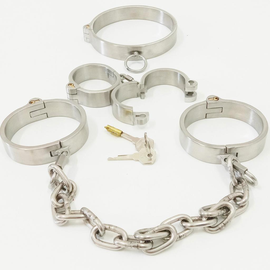 Ograniczniki ze stali nierdzewnej BDSM Bondage metalowy kołnierz ortopedyczny ręczne mankiety na kostkach zestaw łańcuszek odpinany zabawy dla dorosłych zabawki erotyczne dla par