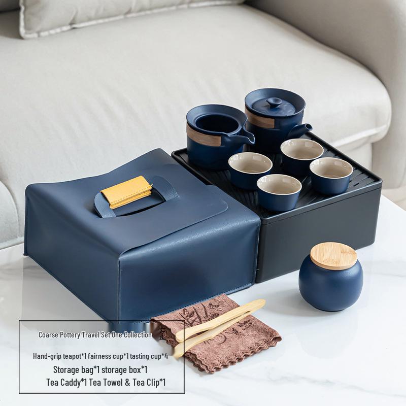 Elegant Portable Ceramic Tea Set with Wooden Tray: 1 Teapot & 4 Cups for Outdoor Adventures