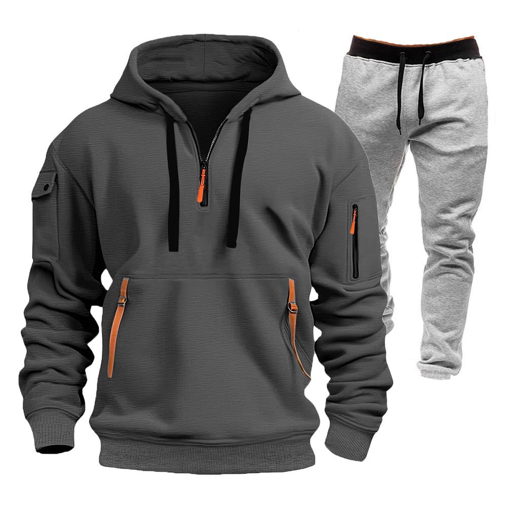 Men's Winter Fleece Multi-pocket Zipper Sweatshirt Suit Personalized Casual Hoodie Suit