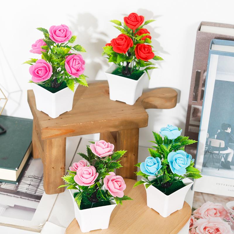 Artificial Plants Small Bonsai Home Christmas Wedding Decoration Fake Flowers Rose Potted Ornament Office Garden Desk Accessory