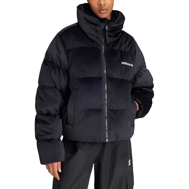 Adidas Originals Regendown Puffer Velvet Comfortable Zip-Up Stand Collar Long Sleeve Jacket Women Jacket Black IW8439