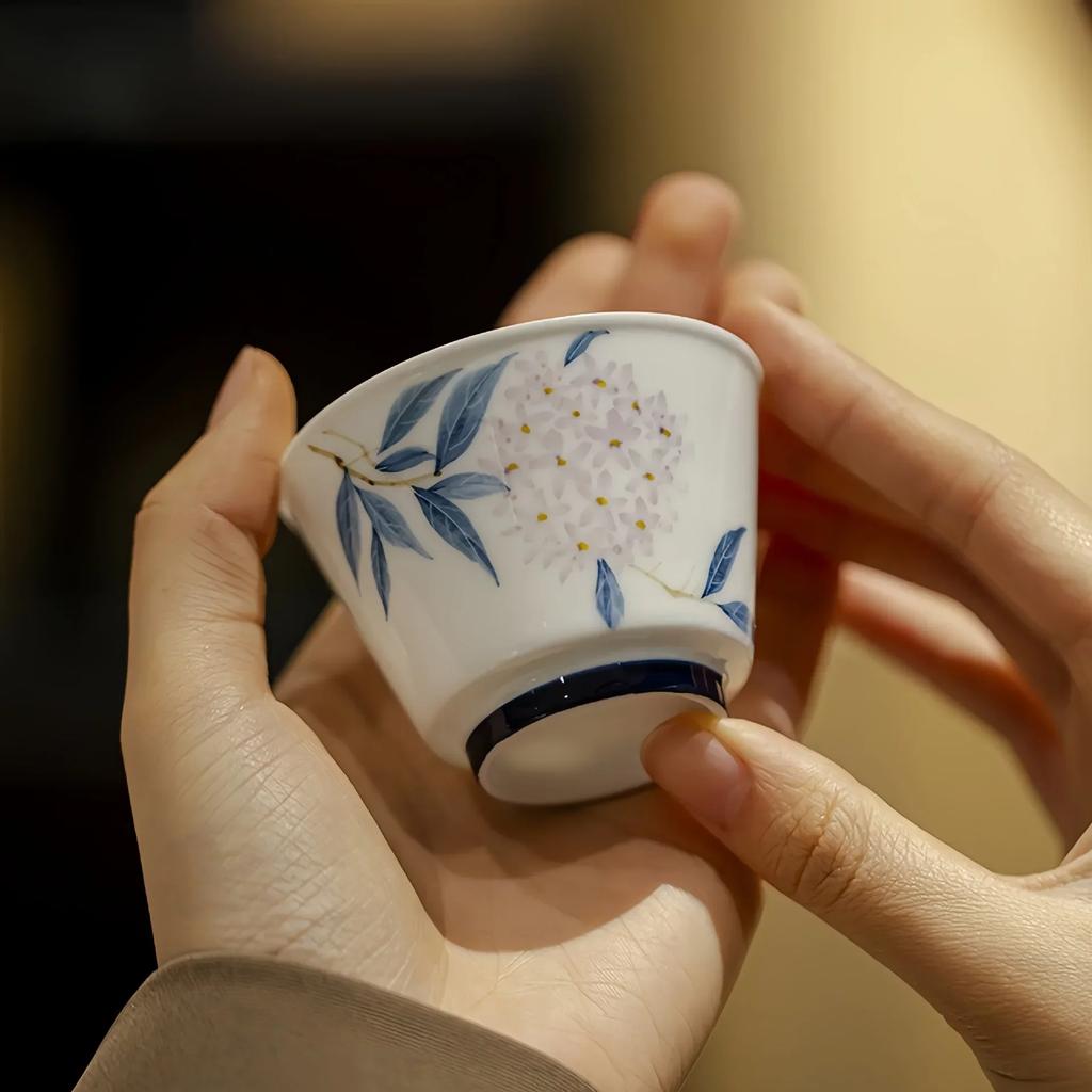 White porcelain hand-painted group flower master cup Kung Fu tea set household pastel hydrangea tea cup tea cup