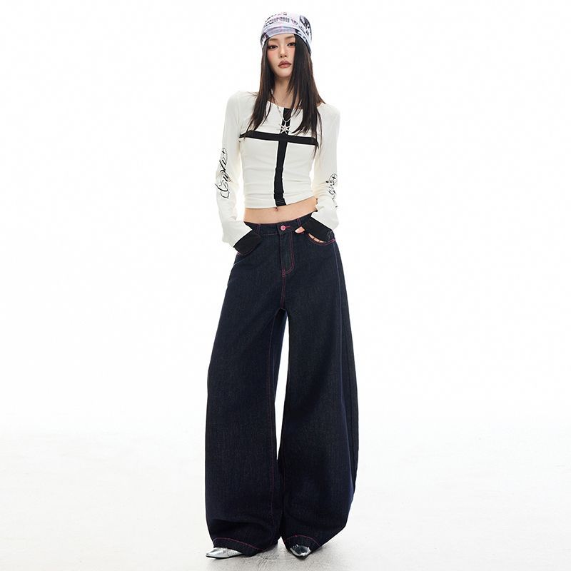 Autumn and winter new contrasting tannins original cow jeans women's loose wide-leg pants