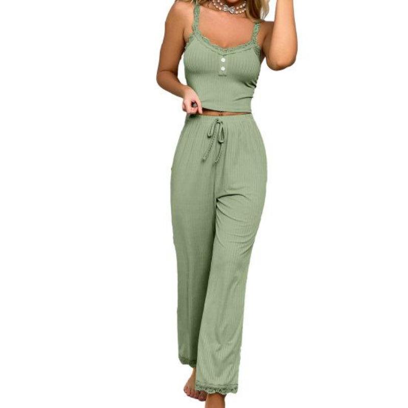 2 Pcs/Set Pants Top Suit Low-cut V Neck Sleeveless Solid Color Shirring Drawstring High Elastic Waist Lace Women Summer Pajamas Set Homewear CLE