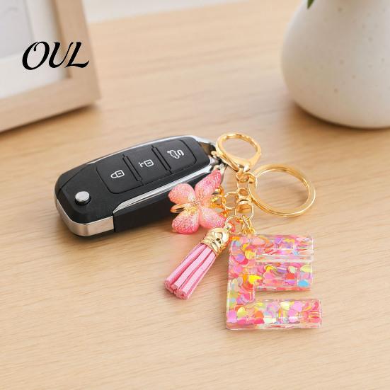 Kompaktes Schlüsselanhänger-Anhänger in Rosa-Serie, Pailletten Herz Initialen-Buchstaben-Anhänger Schlüsselkette mit tragbarem Schmetterlings-Quasten-Design, A-Z Halter für Tasche