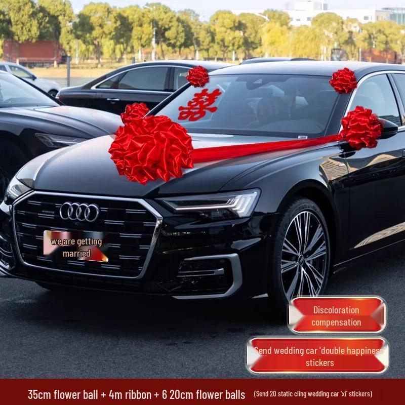 Complete Wedding Car Decoration Set: Escort Car Hood Flowers, Welcome Garland, Double Happiness Arrangement for a Festive Display