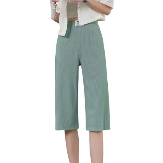 Summer Ice Silk Casual Pants Elastic Waist Pockets Cropped Pants Solid Color Wide Leg
