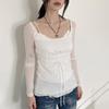 Spicy Girl Mesh Patchwork White Two-Piece Style Ruffle Trim Sheer Long Sleeve Top