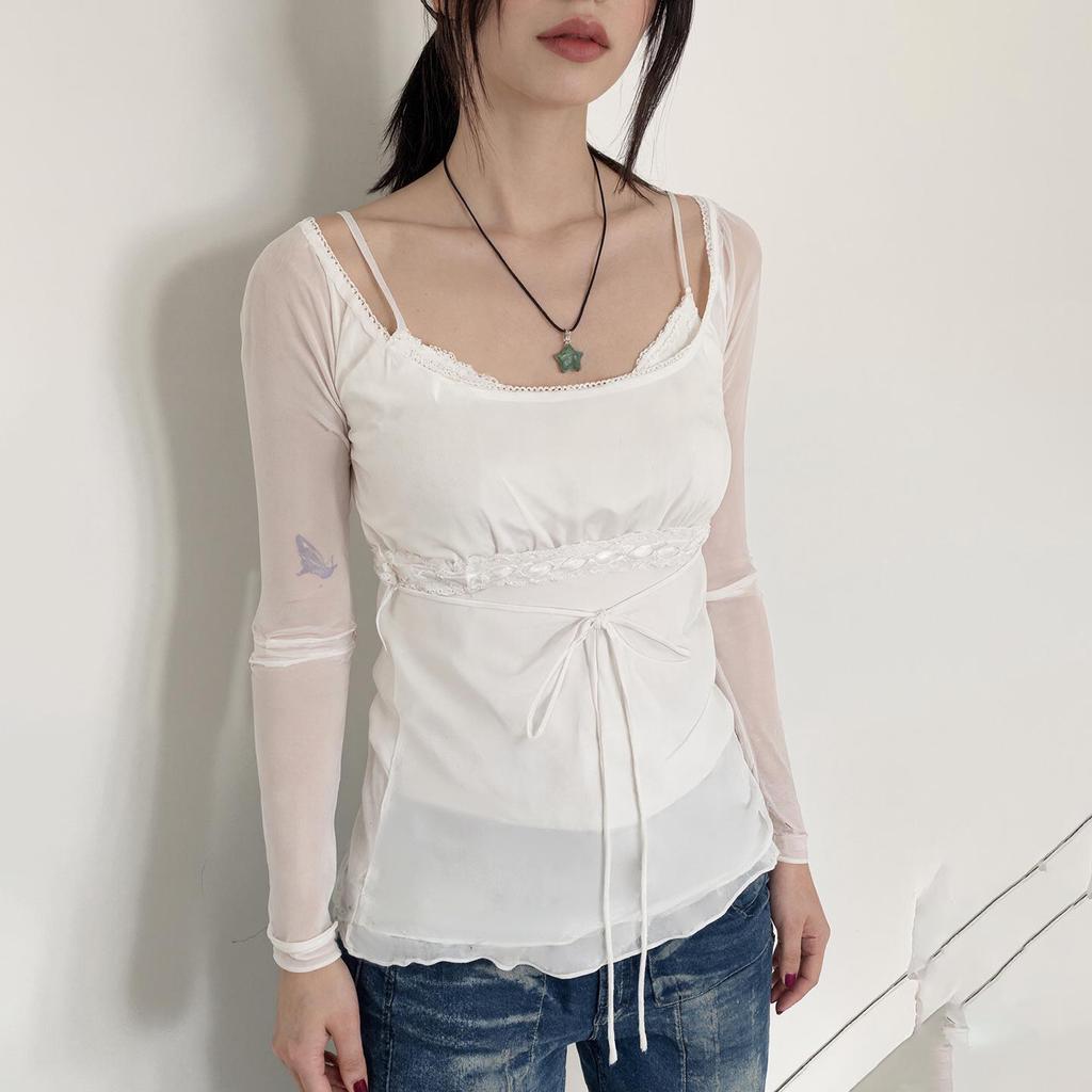 Spicy Girl Mesh Patchwork White Two-Piece Style Ruffle Trim Sheer Long Sleeve Top