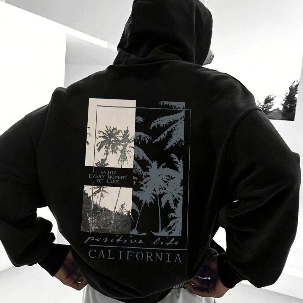 Heavy Terry Hooded Sweater CALIFORNIA Coconut Tree + Positive Energy Slogan Print Casual Style Jumper