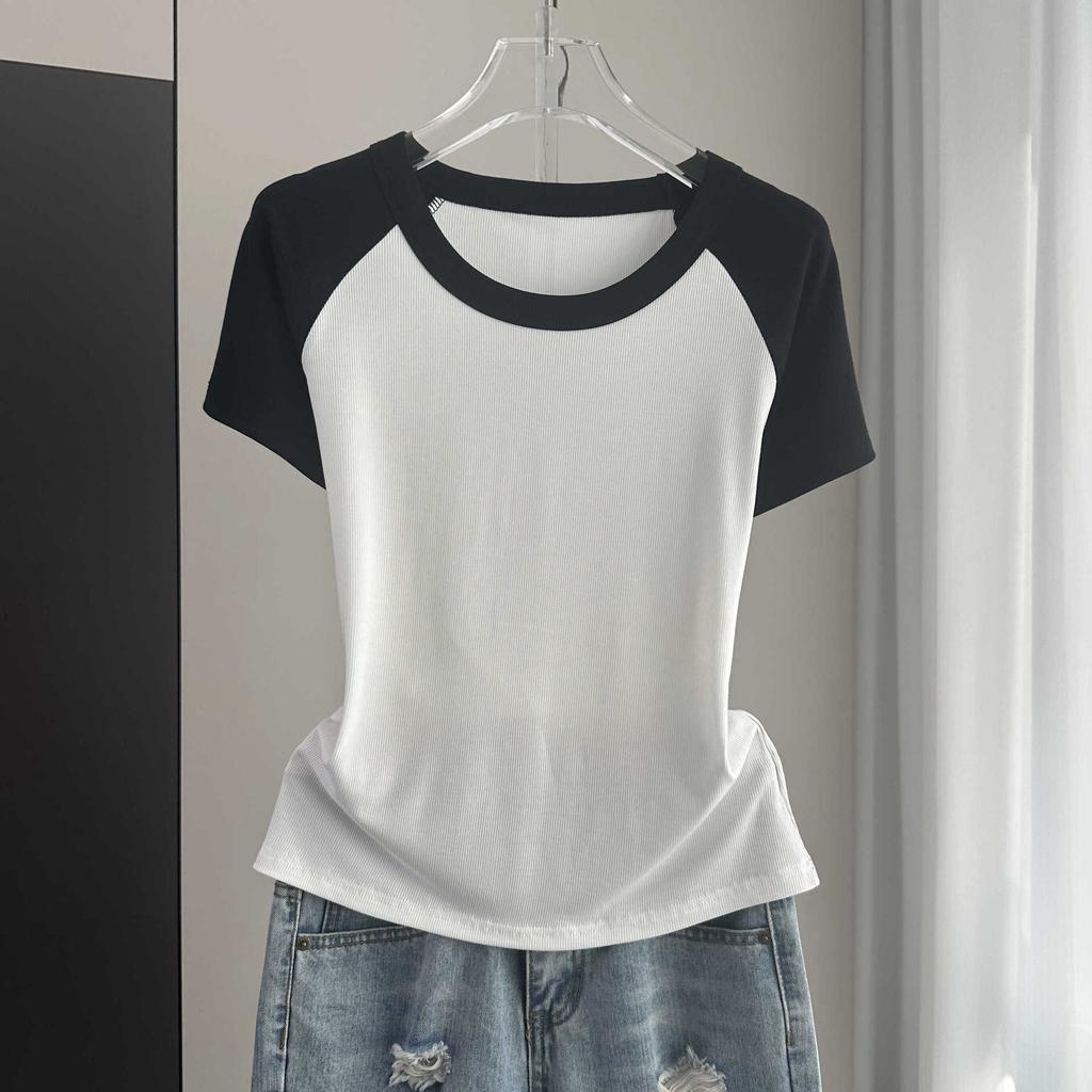 Raglan Short Sleeve Color Block T-Shirt Plus Size Loose Slim Crop Top For Summer Versatile Breathable Soft Material Flattering Slim Women Top