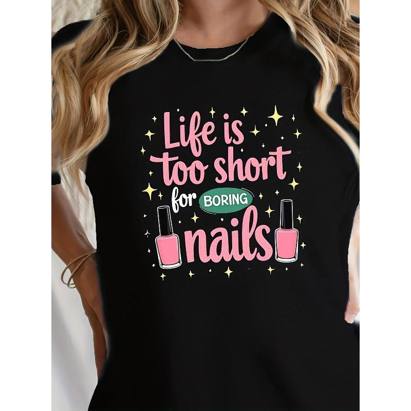 

Women s Life is Too Short for Boring Nails Graphic Tee Black Retro Pink Gold Print Round Neck Short Sleeve Loose Fit Vintage All-Season Top S чёрный