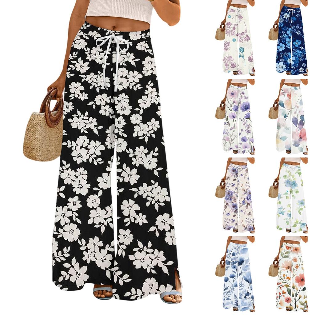 Women's Printed Wide Leg Pants With Pockets High Waist Drawstring Loose Casual Pants